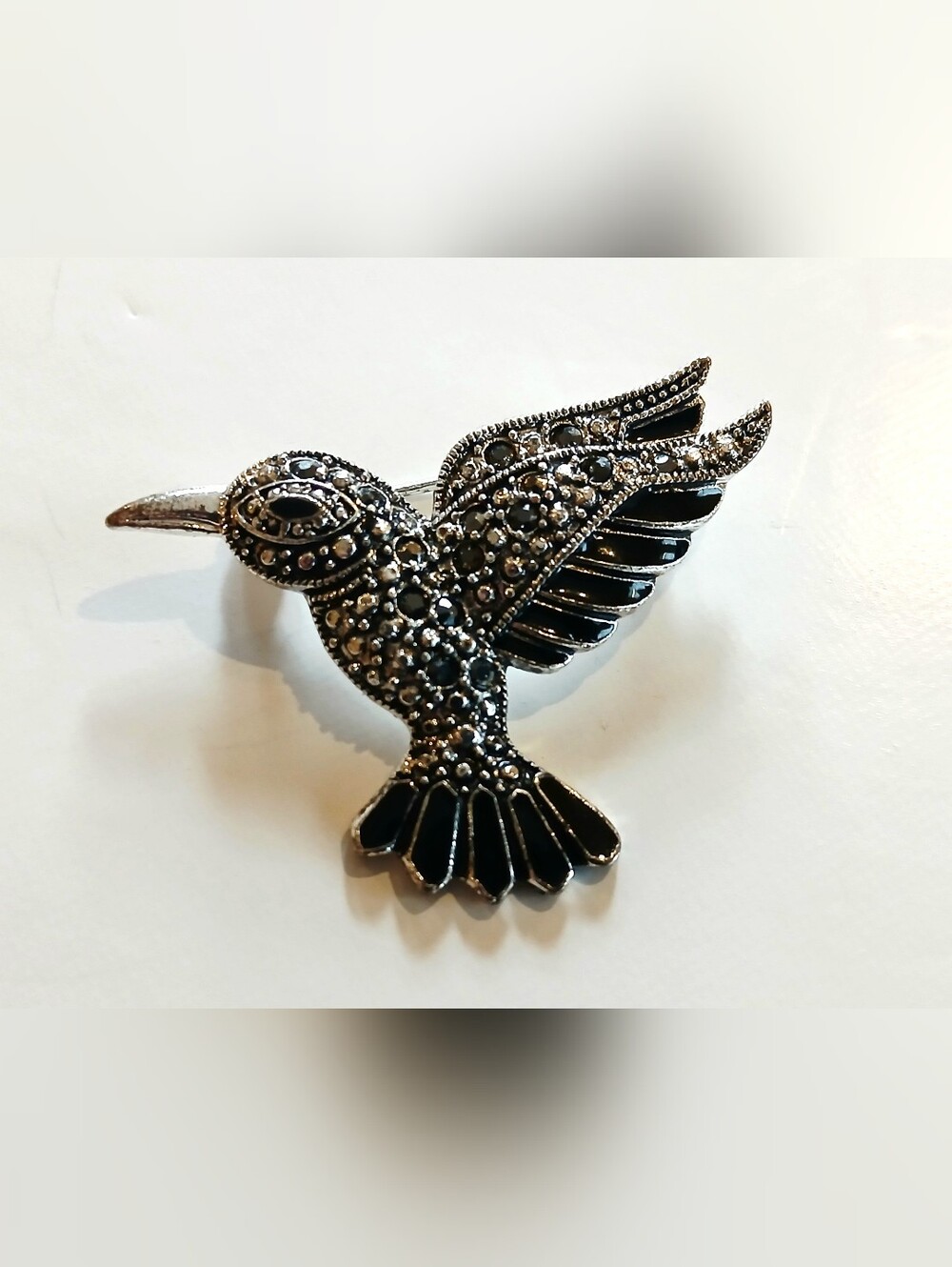 Vintage-Style Black and Silver Bird Brooch
